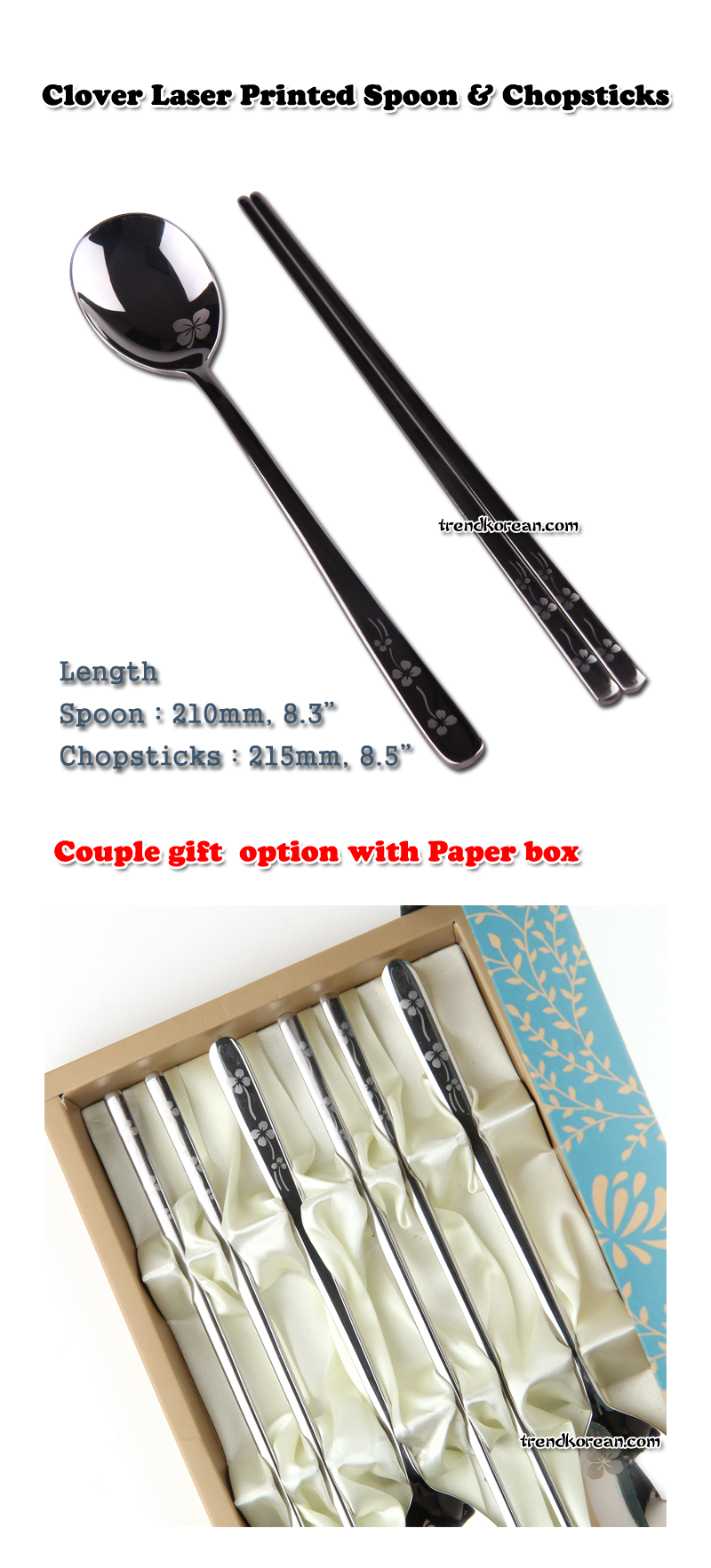  Clover Laser Engraved High Quality Stainless Steel Chopsticks & Spoon Set